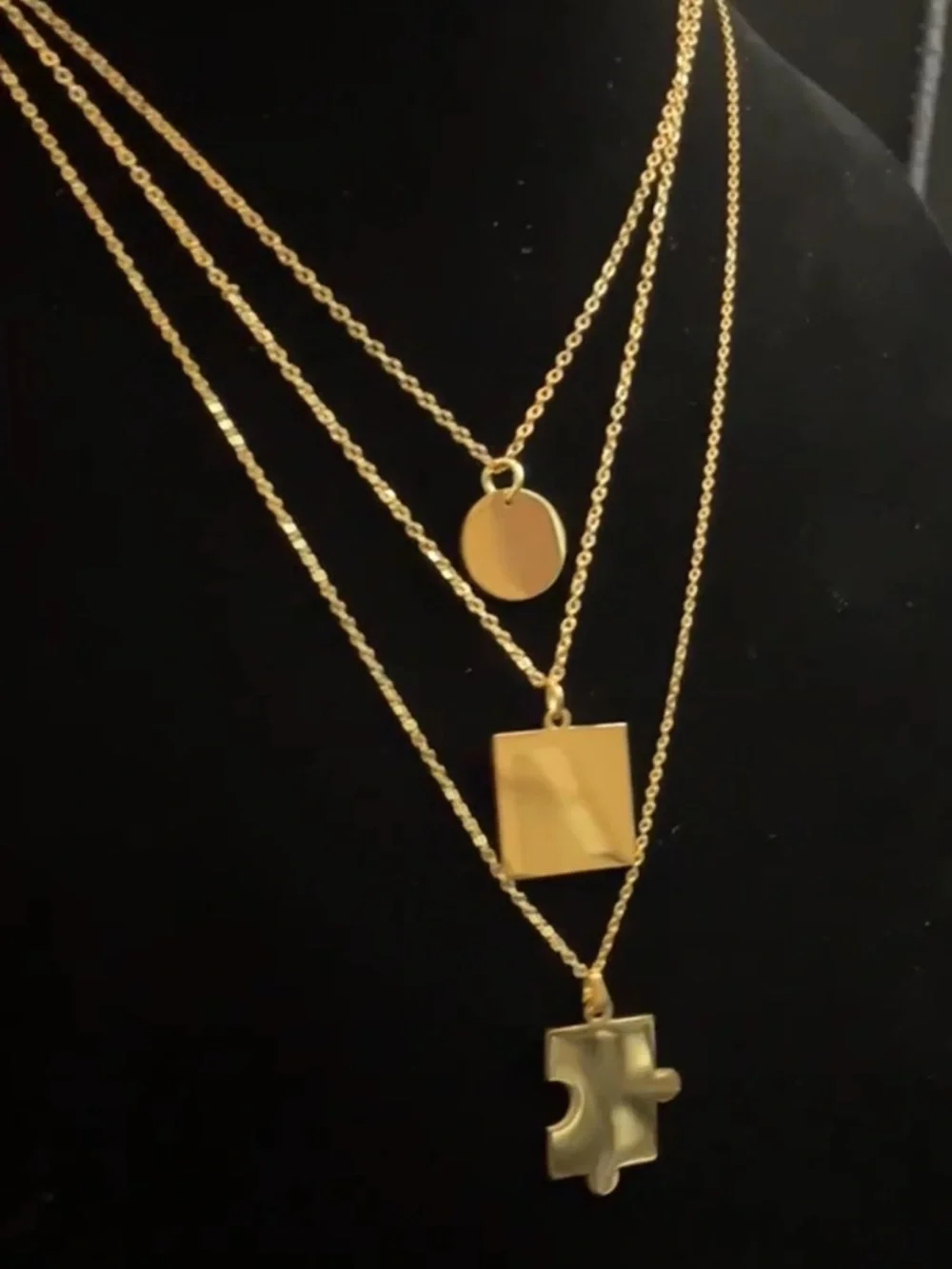 Plunder Gold-Tone Pendant Necklace Set. Lot of 3 Puzzle Square Round. 18+3” NWOT - Picture 6 of 7